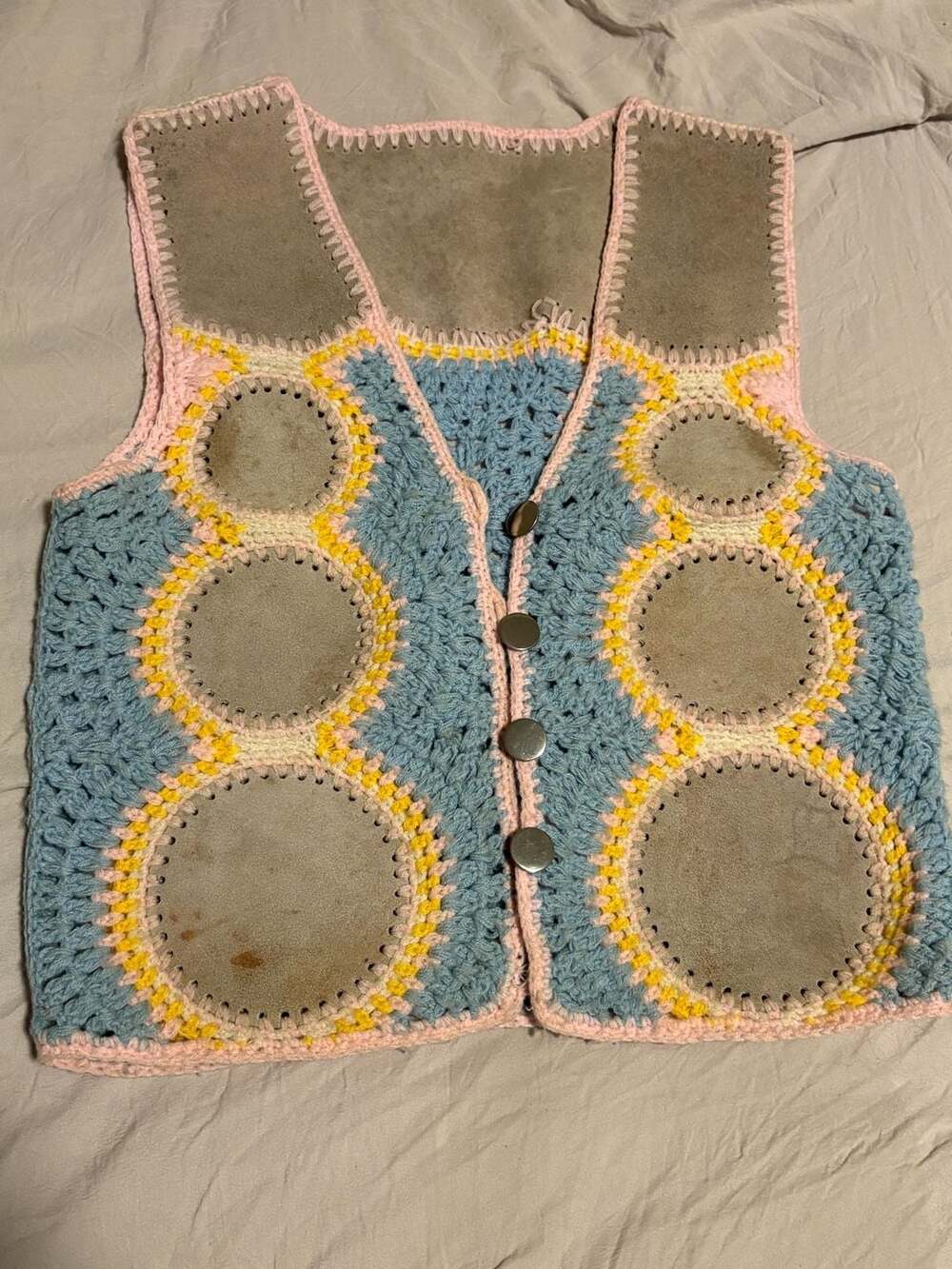 Vintage Crochet Suede Panel Vest Blue Pink Yellow 60s 70s Hippie